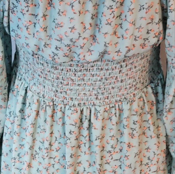 Willow & Root NWT LS Woman's Ruffle Semi-Sheer Blue Floral Top Small Resin Ring - Picture 10 of 12